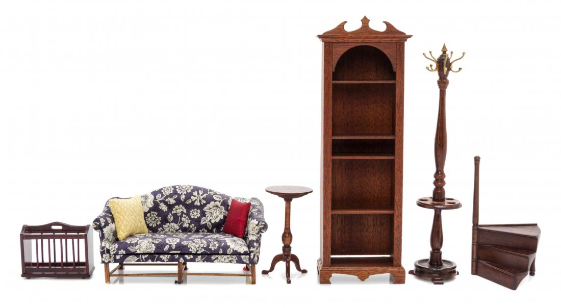 Five English Style Library Furniture Articles, Height: Five English Style Library Furniture Articles, comprising a bookshelf signed GO Hoffman, a small side table by Betsy Zorn, a sofa, a set of library steps, a canterbury, and an umbrella stand. Height o
