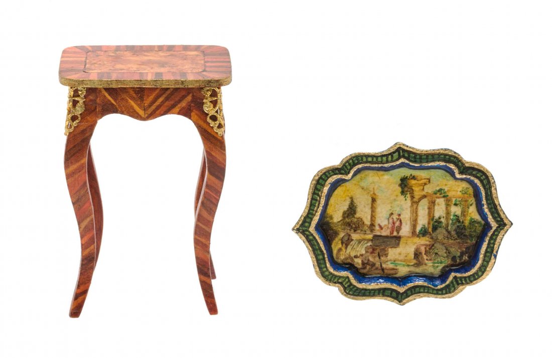 Two Painted Furniture Articles, Height of first: Two Painted Furniture Articles, comprising a Louis XV/XVI Transitional style gilt metal mounted table and a Continental style tray painted to show a figural landscape, each monogrammed JRM. Height of 