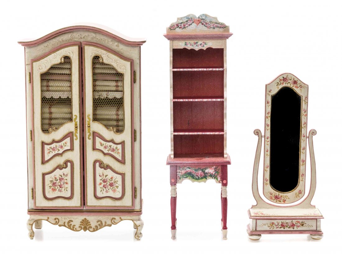 Two French Style Painted Furniture Articles, ROSEMARIE: Two French Style Painted Furniture Articles, ROSEMARIE TORRE, comprising a Louis XV provincial style armoire with grill-inset doors and painted to show floral sprays and a floral painted dressing mirr