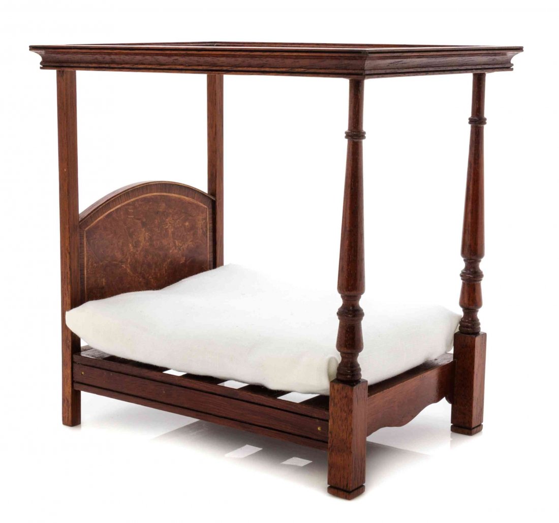 A Burlwood Veneered Tester Bed, Height 6 3/4 x width 5: A Burlwood Veneered Tester Bed, DENNIS JENVEY, with ring turned supports ending in block feet. Height 6 3/4 x width 5 x depth 6 7/8 inches. Property from the Collection of Cookie Ziemba, Lake Worth, F