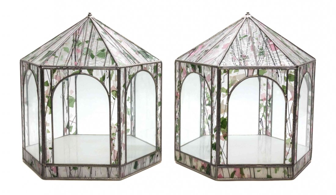 Two Lady Jane Glass Conservatories, Height 13 1/2 x: Two Lady Jane Glass Conservatories, LINDA YOUNG, each of domed hexagonal form, the glass worked with green, pink and opaque color panels, one panel incised Lady Jane. Height 13 1/2 x diameter 12 inche