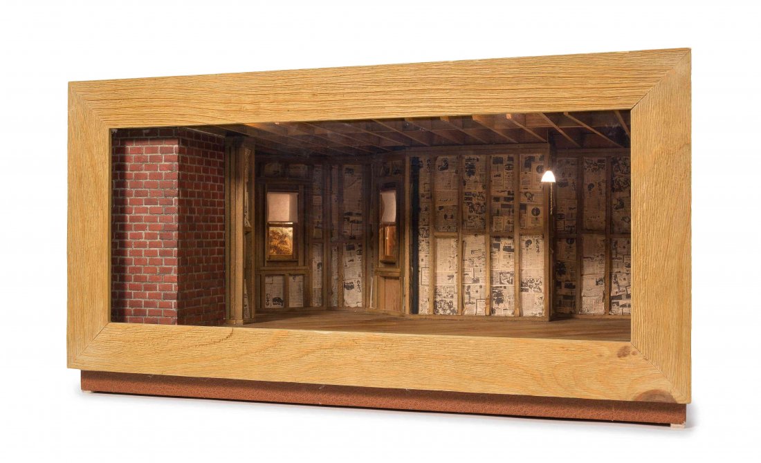 An Attic Room Box, Height 13 x width 24 x depth 17: An Attic Room Box, the interior with wood flooring, windows, simulated exposed brick and walls open to the studs with newspaper lining, electrified. Height 13 x width 24 x depth 17 inches. Property fr
