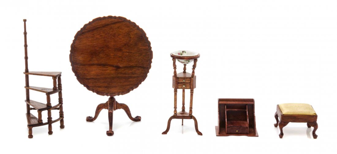 Five Furniture Articles, Height of library steps 4: Five Furniture Articles, VARIOUS MAKERS, comprising a tilt-top table with a pie crust top signed HGL, a wash stand signed JHT with a porcelain bowl by Deborah McKnight, a set of library steps by Jim W