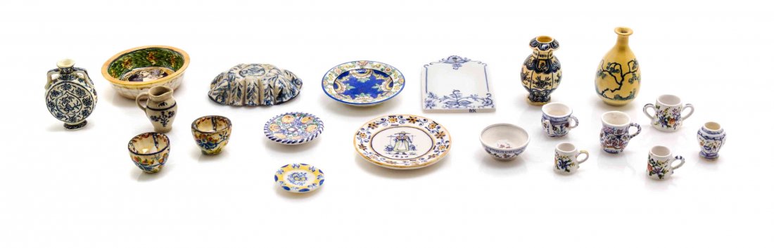 A Collection of Ceramic Articles, Diameter of largest 1: A Collection of Ceramic Articles, including examples in the style of Middle Eastern pottery, Quimper pottery and Italian faience ceramics; 20 items total. Diameter of largest 1 1/2 inches. Property fr