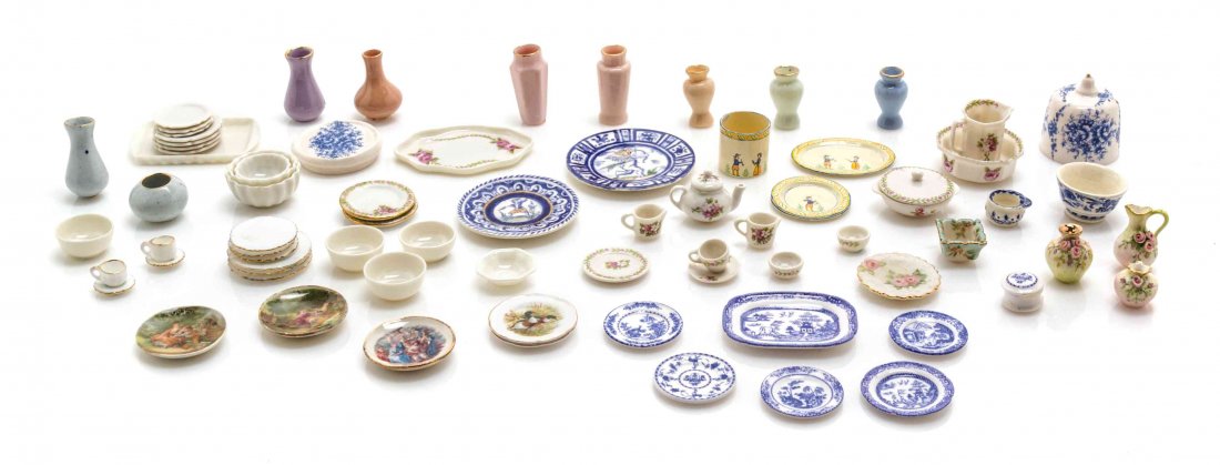 A Collection of Porcelain Articles, Width of widest 1: A Collection of Porcelain Articles, MOST BY AVON MINIATURES, together with four painted metal articles in the style of Quimper ceramics and other porcelain articles by Jean Tag, Stokesay, Vince Staple