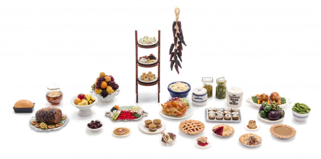 A Collection of Food Articles, Height of pastry stand 3: A Collection of Food Articles, comprising various fruits, vegetables, pastries and other food items as well as containers, bowls and trays, 138 items total. Height of pastry stand 3 inches. Property f