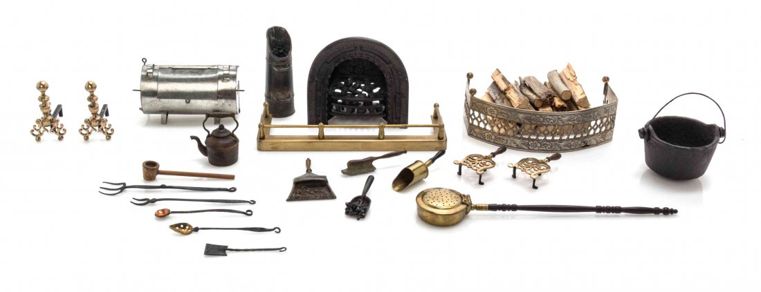 A Collection of Fireplace Accessories, Width of fender: A Collection of Fireplace Accessories, comprising a fireplace back by Sue Cooke, a metal fire fender, a coal shovel by Steve Hilbert, a pair of andirons and two hand tools by Emily Good, a kettle, a c