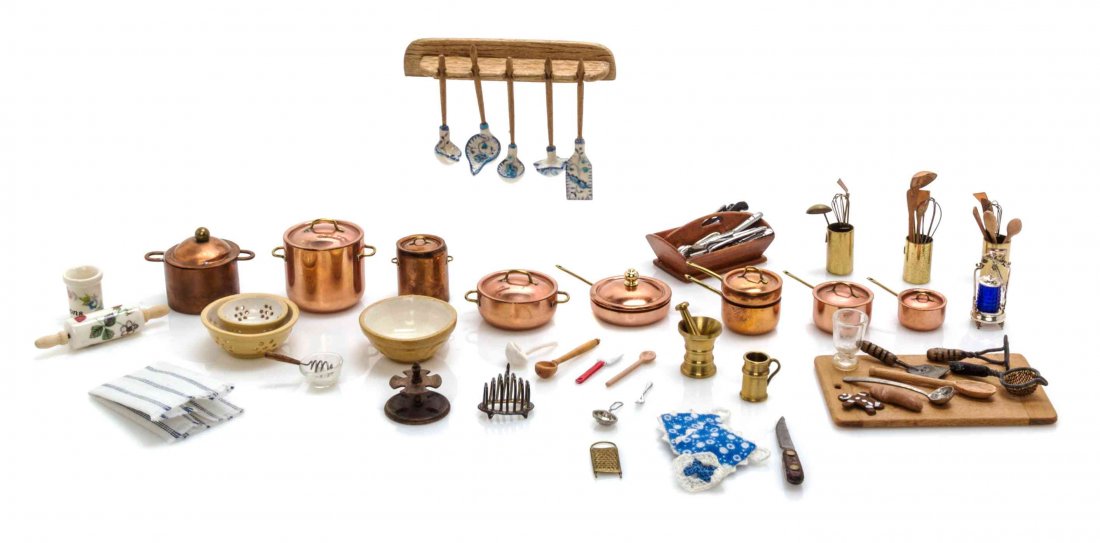 A Collection of Kitchen Utensils, Width of cutting: A Collection of Kitchen Utensils, comprising mixing spoons, collanders, copper pots, cutlery, a rolling pin, a cutting board and various other tools, 77 items total. Width of cutting board 2 1/2 x dep