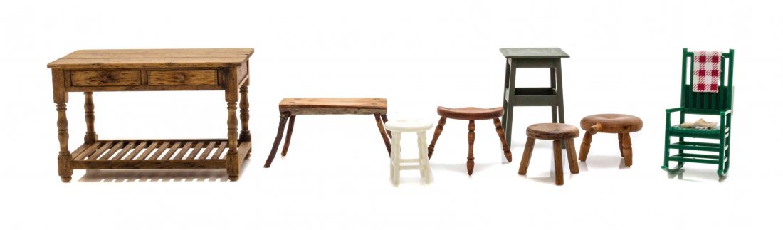 A Group of Eight Provincial Style Furniture Articles,: A Group of Eight Provincial Style Furniture Articles, comprising a work table, a painted rocking chair, four stools, a painted side table and a rustic bench. Height of work table 2 1/2 x width 4 x dep