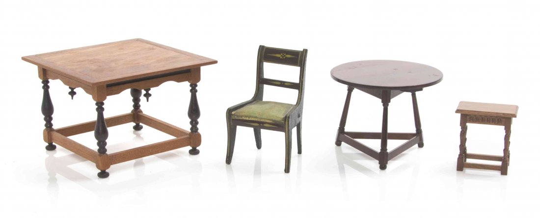 A Group of Furniture Articles, Height of Victorian: A Group of Furniture Articles, comprising a Jacobean style circular table and a stool by John Ottewill, a rectangular Victorian style table by Gary Larsen and a Regency style side chair. Height of Vic