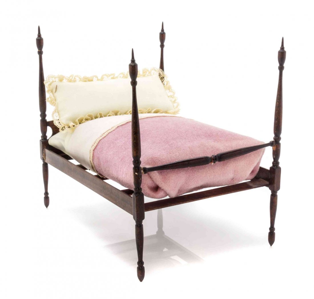 An American Federal Style Four-Poster Bed, Height 6 3/8: An American Federal Style Four-Poster Bed, ROBERT STOUT, with turned posters having urn finials, dressed by Cookie Ziemba with a wool coverlet and lace trim. Height 6 3/8 x width 5 x depth 6 3/4 inche