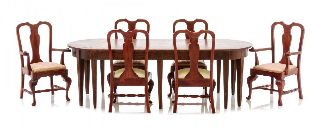 An American Federal Style Mahogany Dining Table, Height: An American Federal Style Mahogany Dining Table, JOE ANDREWS, together with a set of six Queen Anne style dining chairs comprising two armchairs and four side chairs, all with paper labels underneath.
