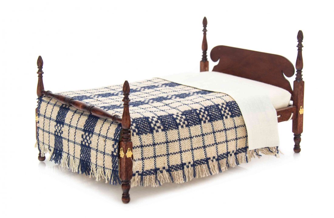 An American Gilt Metal Mounted Poster Bed, Height 3 7/8: An American Gilt Metal Mounted Poster Bed, MARTY DINKEL, with a woven coverlet by Cookie Ziemba. Height 3 7/8 x width 4 5/8 x depth 7 inches. Property from the Collection of Cookie Ziemba, Lake Worth,