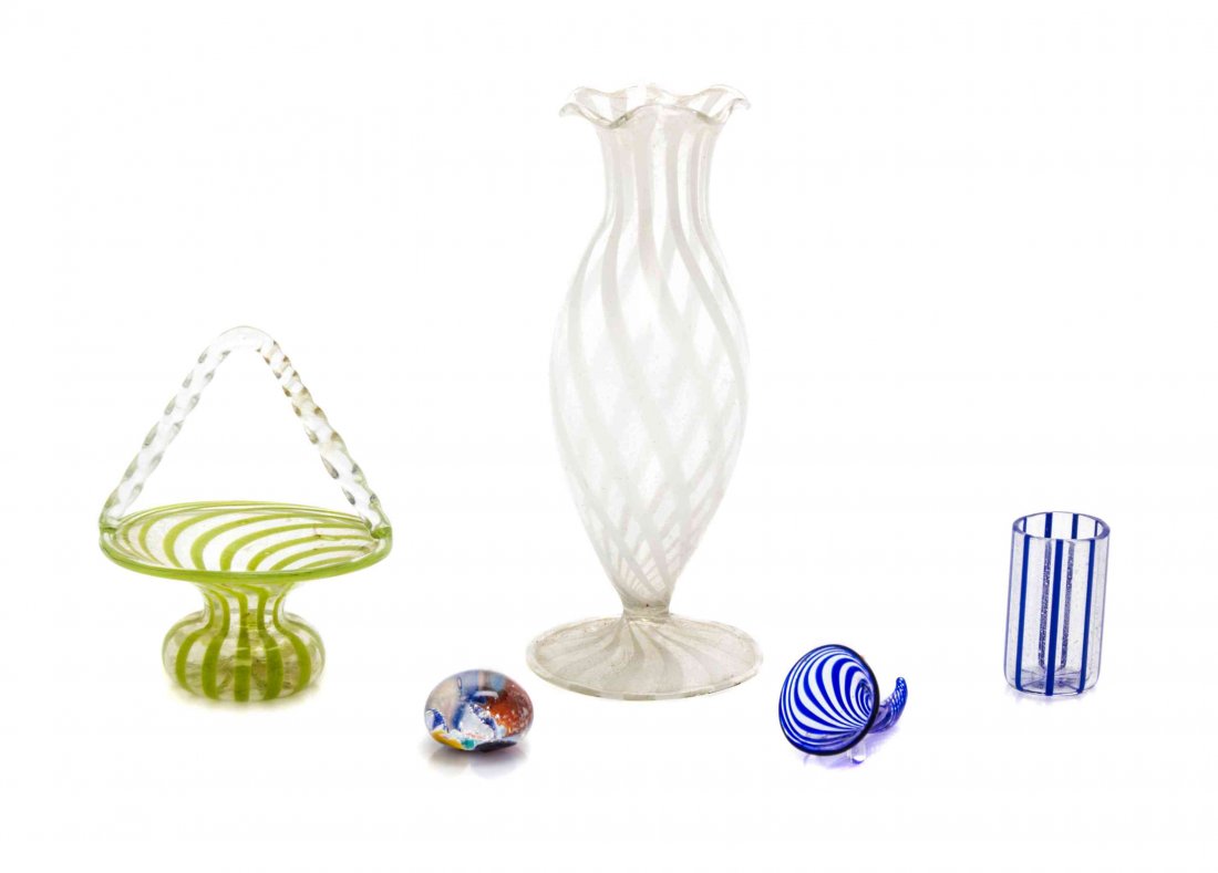 Five Studio Glass Type Articles, Height of first 2 1/4: Five Studio Glass Type Articles, comprising a vase, a basket, a cup, a cornucopia form vessel and a paperweight. Height of first 2 1/4 inches. Property from the Estate of Eunice Gold, Chicago, Illinoi