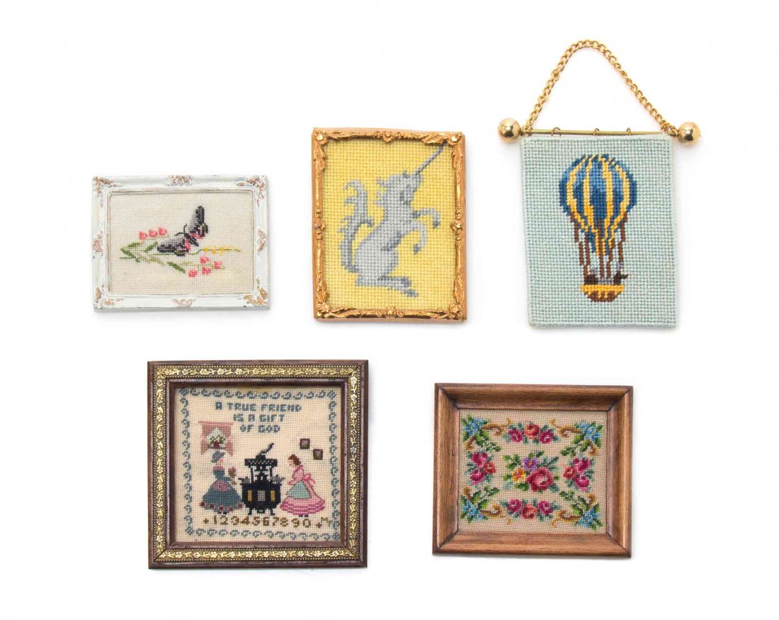 Five Needlepoint Articles, Height of first 2 x 2 1/4: Five Needlepoint Articles, comprising a sampler entited A True Friend is a Gift of God by Martha Farnsworth, a floral spray indistinctly signed to the reverse, a butterfly, a unicorn and a hot air bal