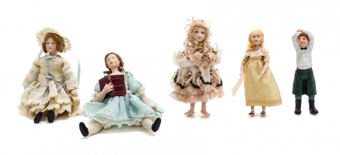 Four Porcelain Head Dolls, Height of first 5 inches.: Four Porcelain Head Dolls, depicting children, together with a porcelain figure of a boy, and one example by Jane Davies. Height of first 5 inches. Property from the Collection of Cookie Ziemba, Lake 