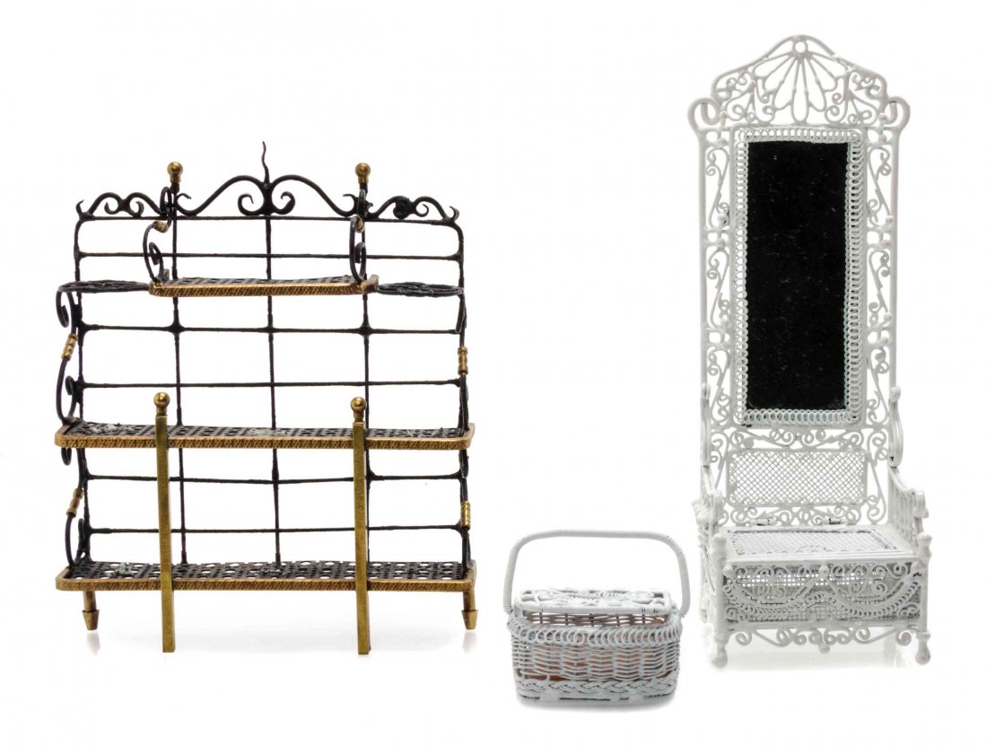 Three Metal Articles, Height of first 7 inches.: Three Metal Articles, comprising a hall seat and mirror, a three tiered shelf and a basket. Height of first 7 inches. Property from the Estate of Eunice Gold, Chicago, Illinois