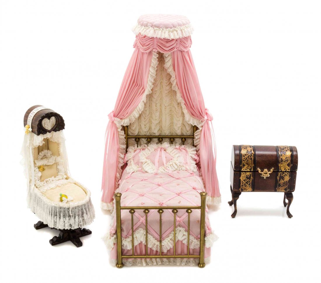 A Lady's Brass Bed, Height 9 1/2 inches.: A Lady's Brass Bed, JUDEE WILLIAMSON, 1979, together with a child's bed and chest on stand. Height 9 1/2 inches. Property from the Estate of Eunice Gold, Chicago, Illinois