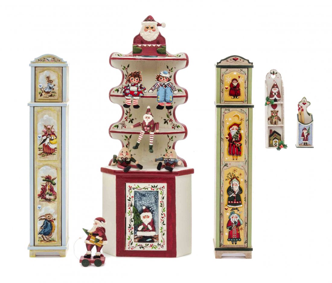 A Collection of Painted Furniture and Decorative: A Collection of Painted Furniture and Decorative Articles of Christmas Interest, KAREN MARKLAND, comprising two tall cabinets, a corner cupboard, a stationary box, a hanging wall shelf, a long-stick m