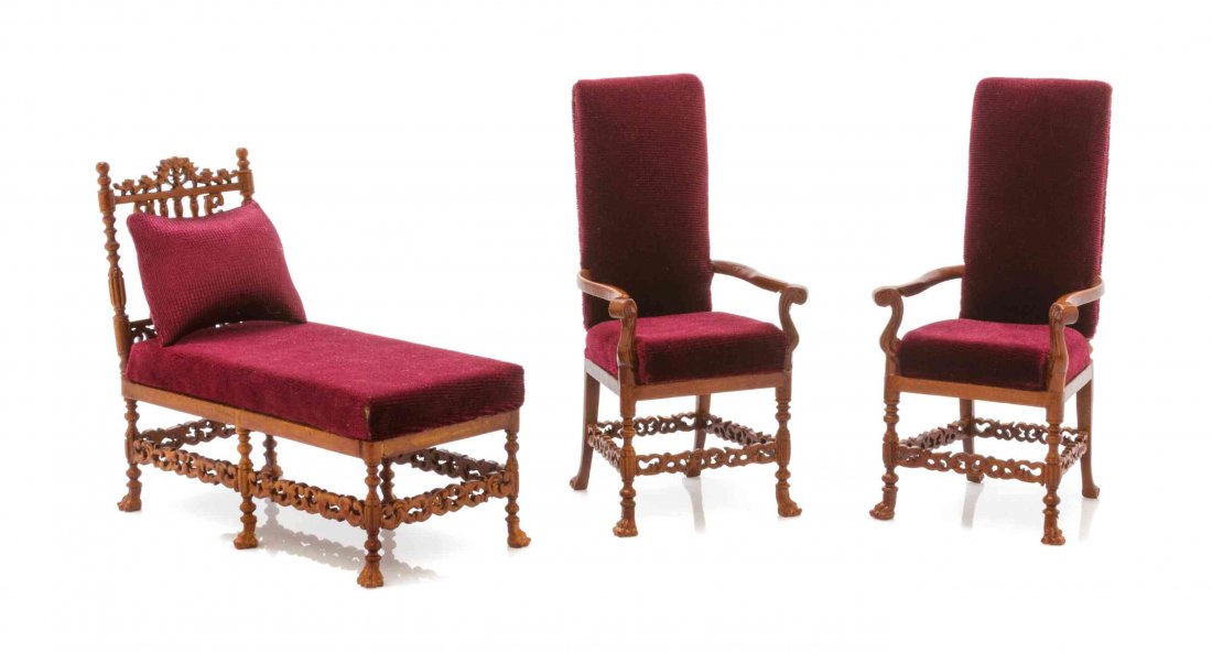 A Renaissance Revival Style Parlor Suite, Height of: A Renaissance Revival Style Parlor Suite, BESPAQ MINIATURES, comprising a pair of armchairs and a chaise. Height of armchairs 4 3/8 inches. Property from the Collection of Cookie Ziemba, Lake Worth, F
