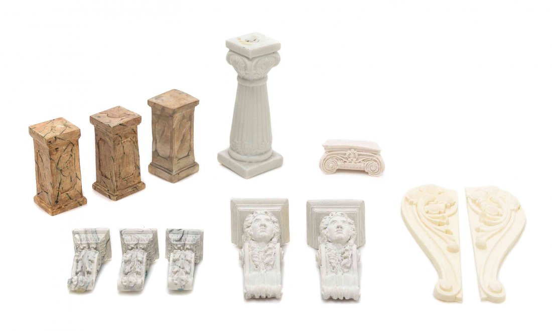 A Collection of Composite Wall Brackets and: A Collection of Composite Wall Brackets and Architectural Elements, including six faux marble examples, 12 items total. Height of tallest 3 1/4 inches. Property from the Collection of Cookie Ziemba, L