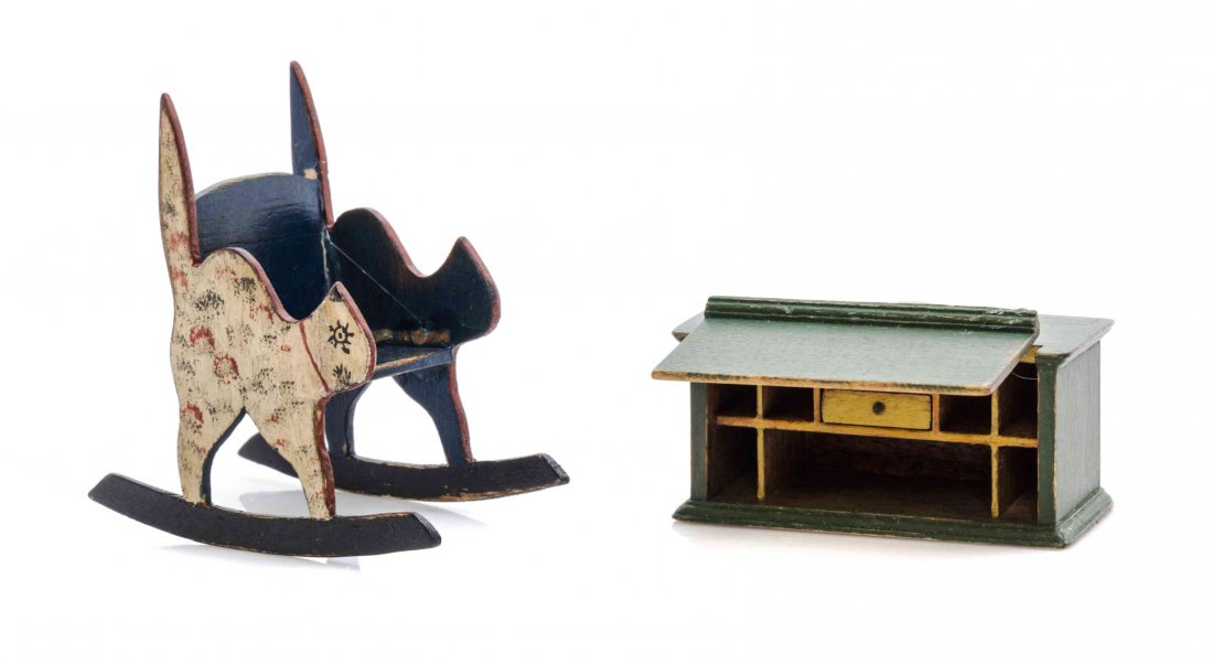 Two Painted Furniture Articles, Height of rocking chair: Two Painted Furniture Articles, BARBARA DAVIS, comprising a rocking chair with feline supports and a traveling bureau. Height of rocking chair 2 inches. Property from the Collection of Cookie Ziemba, 