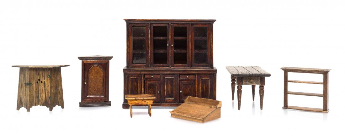Seven Furniture Articles, Height of bookcase 6 x width: Seven Furniture Articles, comprising a hanging plate rack signed KOS and dated 1986, a side cabinet, a tavern table, a bookcase, a writing slope, a stool by David Johnson and a hanging corner cabinet
