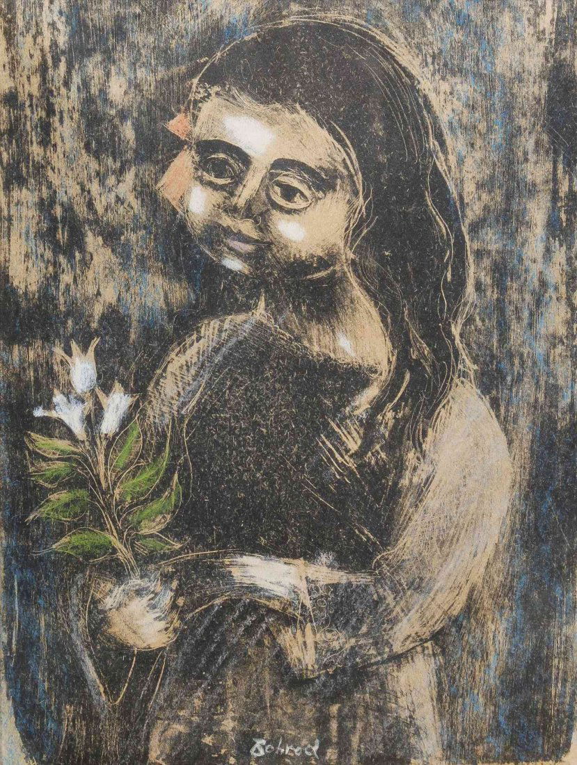 Aaron Bohrod, (Wisconsin, 1907-1992), Girl with Flowers: Aaron Bohrod (Wisconsin, 1907-1992) Girl with Flowers etching signed Bohrod (lower center) 8 x 6 inches. Property from the Estate of Jean Friedlander, Milwaukee, Wisconsin