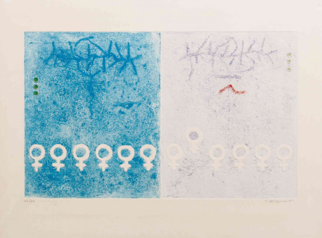 James Coignard, (French, 1925-2008), Impair: James Coignard (French, 1925-2008) Impair Simultaneite etching edition 42/60, signed J. Coignard (lower right) 13 x 21 1/4 inches. Property from the Estate of Jean Friedlander, Milwaukee, Wisconsin