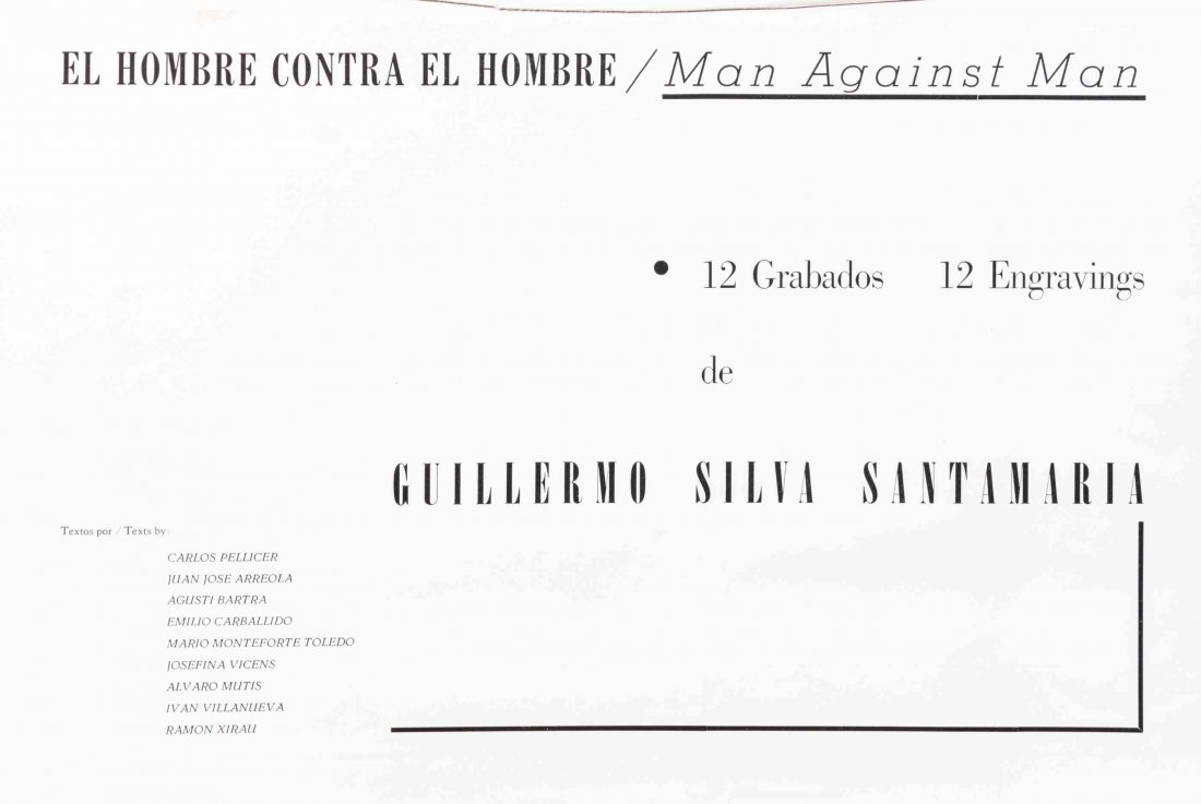 Guillermo Silva, (Colombian, 1921-2007), El Hombre: Guillermo Silva (Colombian, 1921-2007) El Hombre Contra El Hombre (a portfolio of twelve works) engravings 8 x 16 1/4 inches.
