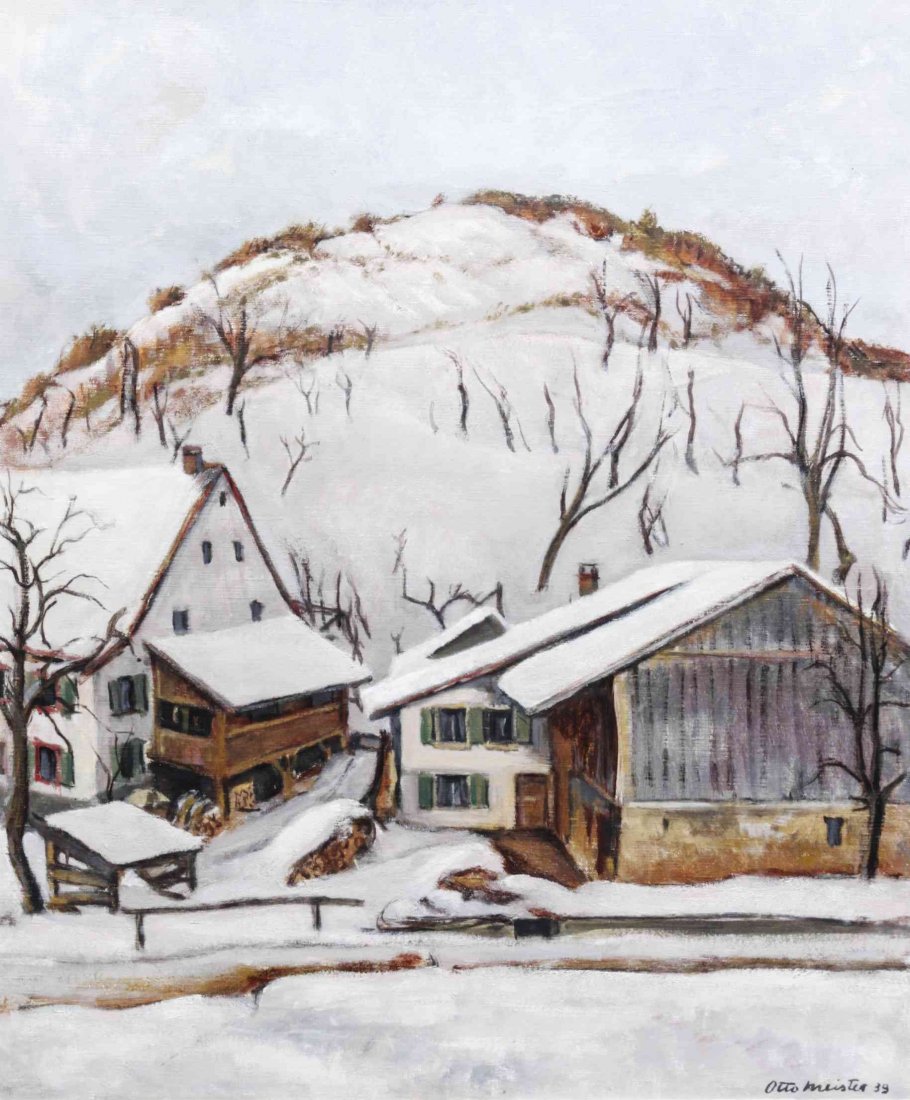 Otto Meister, (Swiss, 1887-1969), Snowy Cabins, 1939: Otto Meister (Swiss, 1887-1969) Snowy Cabins, 1939 oil on canvas signed Otto Meister and dated (lower right) 21 x 17 1/2 inches.