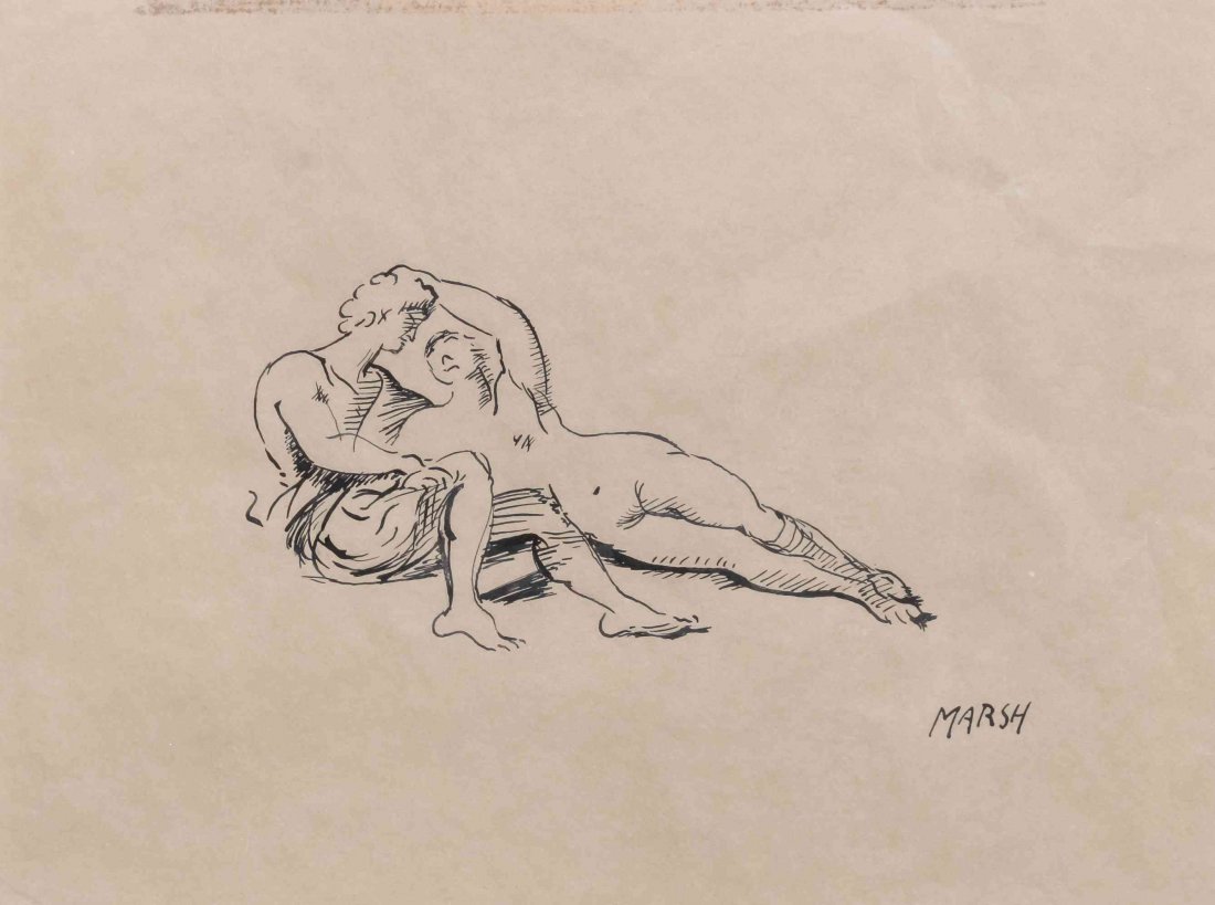 Reginald Marsh , (American, 1898-1954), Untitled (Two: Reginald Marsh (American, 1898-1954) Untitled (Two Figures) ink on paper signed Marsh (lower right) 8 3/4 x 11 inches. Property from the Emile H. Mathis II Family Trust, Racine, Wisconsin