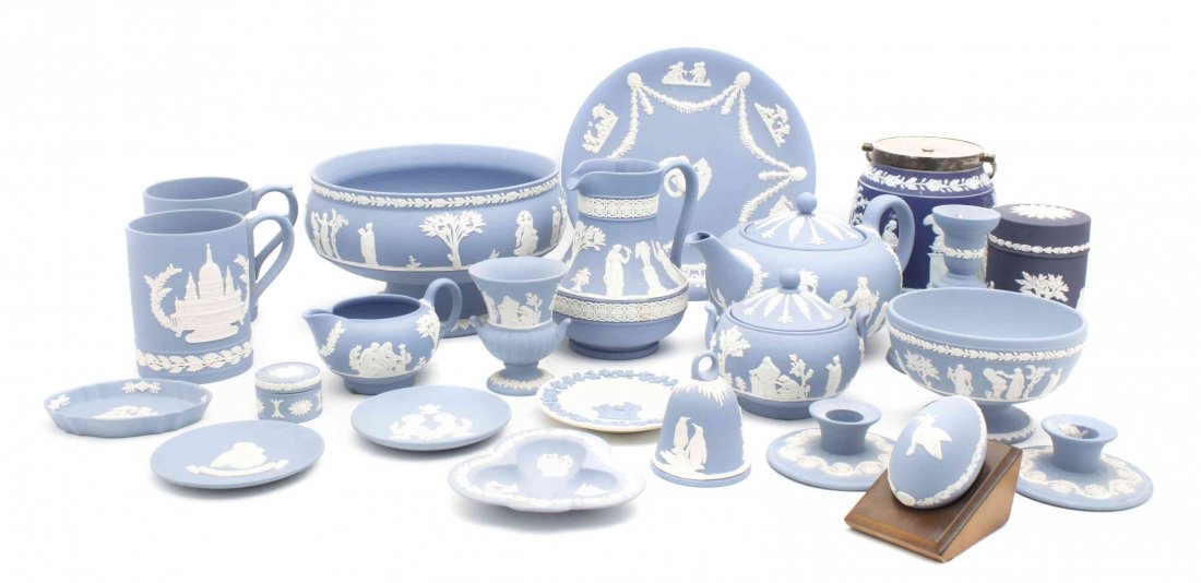 An Assembled Collection of Wedgwood Blue Jasperware: An Assembled Collection of Wedgwood Blue Jasperware Serving Articles, of various sizes and forms; 23 items total. Height of largest 5 inches.