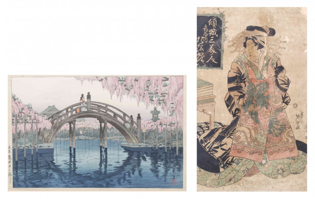 Two Japanese Woodblock Prints, Height of larger 9 1/2 x: Two Japanese Woodblock Prints, one depicting a geisha, by Keisai Eisen (1790-1848), with another example. Height of larger 9 1/2 x width 14 1/4 inches.