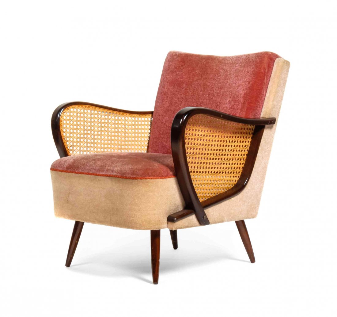 An Art Deco Bentwood Armchair, Height 31 3/4 x width 26: An Art Deco Bentwood Armchair, having an upholstered mohair back and seat within caned arms, raised on cylindrical tapering legs. Height 31 3/4 x width 26 5/8 x depth 31 3/4 inches.