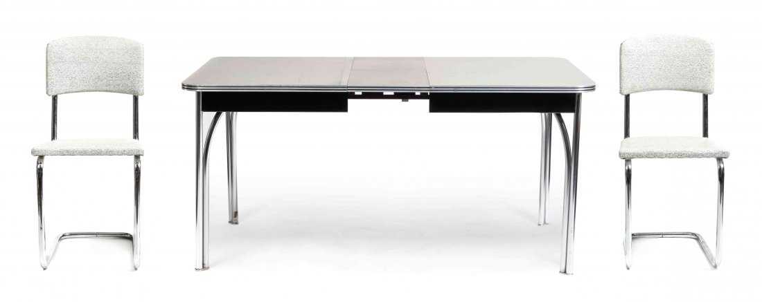 Two Wolfgang Hoffmann Chromed Side Chairs, for Howell: Two Wolfgang Hoffmann Chromed Side Chairs, for Howell Co., the upholstered back and seat raised on tubular supports. Height 33 x width 15 1/2 x depth 18 inches.