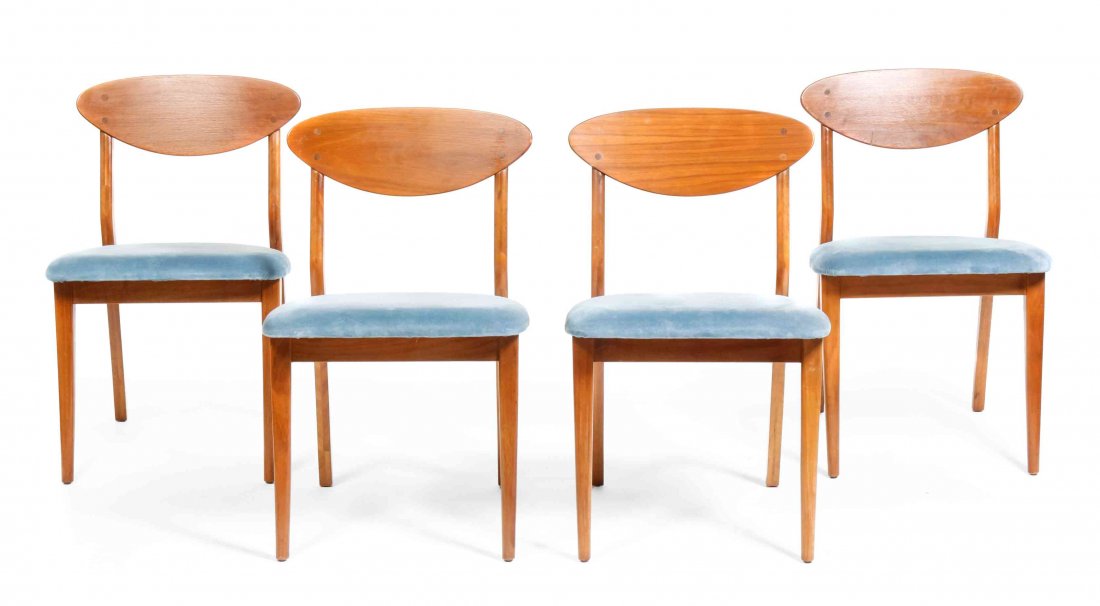 A Set of Four Glenn of California Teak Side Chairs,: A Set of Four Glenn of California Teak Side Chairs, each having an oval backsplat over an upholstered seat, raised on tapering legs. Height 30 x width 18 1/4 x depth 19 1/2 inches.