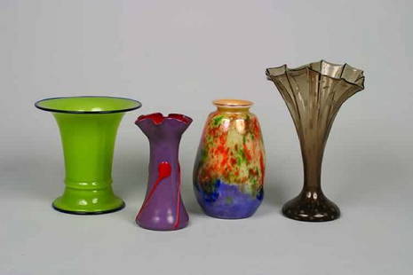 Four Glass Vases,: Four Glass Vases, of various forms, two marked Czechoslovakia.Height of tallest 12 1/4 inches.