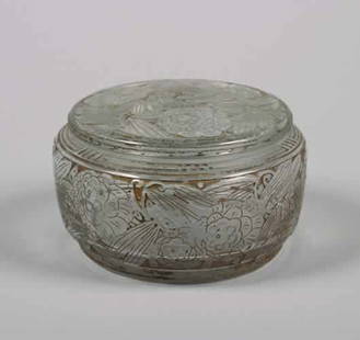 A Daum Circular Covered Box,: A Daum Circular Covered Box, etched with an overall floral motif, signed "Daum NancyFrance".Height 5 1/2 inchesDiameter 9 inches.