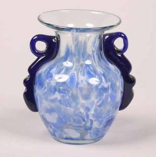 An Art Glass Vase, John Lotten,: An Art Glass Vase, John Lotten, 20th century, of ovoid form with everted rim and applied shaped handles.Height 7 1/4 inches.