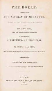 SALE, GEORGE. The Koran. London, 1844. New edition.: (MIDDLE EAST) SALE, GEORGE The Koran: Commonly Called the Alcoran of Mohammed. London: Printed for Thomas Tegg (by J. Haddon), 1844. 8vo, 3/4 calf over marbled boards, gilt-lettered green morocco