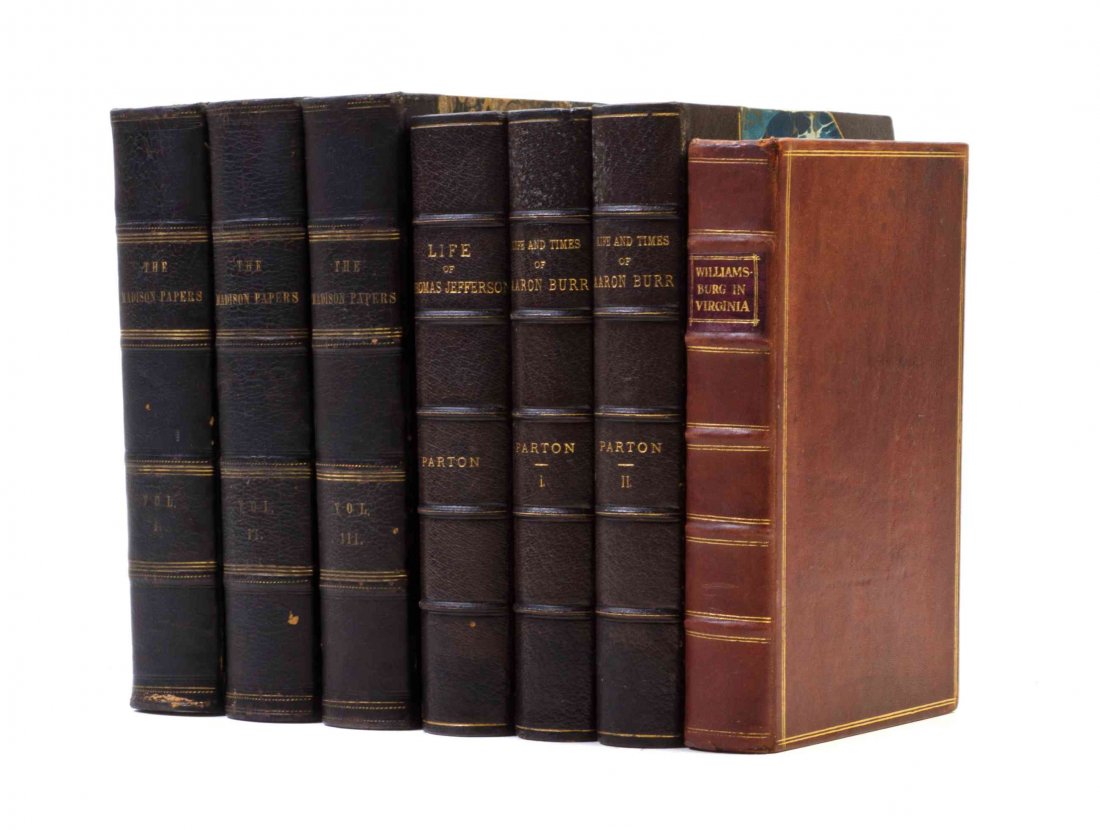 (MADISON, JAMES) The Papers. NY, 1844. 3 vols. With 5: (BINDINGS, MADISON, JAMES) The Papers of James Madison. New York: Henry G. Langley, 1844. 3 vols. 8vo, 3/4 brown morocco over marbled boards, gilt-lettered spines. [Together with:] The Life and Times 