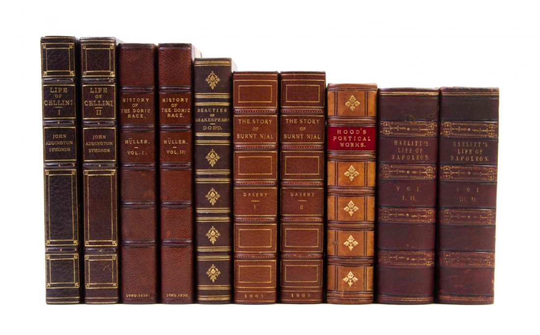 (BINDINGS) A group of 10 leather-bound volumes.: (BINDINGS) A group of 10 leather-bound books with gilt-tooled spines. The Poetical Works of Thomas Hood. London and New York: Frederick Warne, 1890. The Story of Burnt Njal or Life in Iceland at the E
