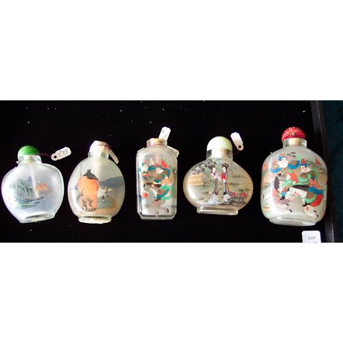 FIVE LARGE INSIDE-PAINTED SNUFF BOTTLES: FIVE LARGE INSIDE-PAINTED SNUFF BOTTLES 20th c. Foer with figural painted decoration, one with an exotic bird, the other painted with a mountainous landscape. (5).