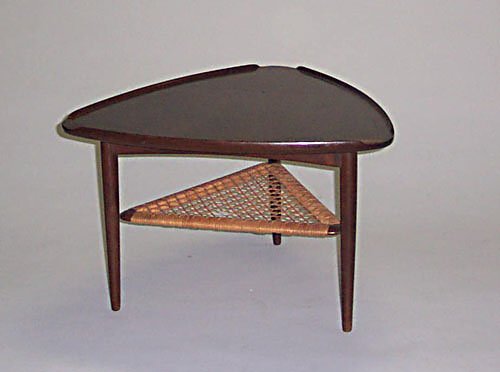 DANISH MODERN COFFEE TABLE Mixed woods,: DANISH MODERN COFFEE TABLE Mixed woods, caning; Selig importer tag, h: 13, dia: 27 in.