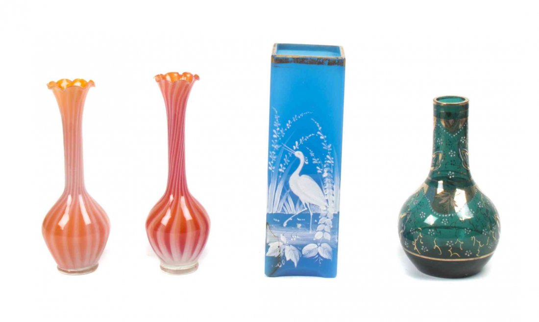 An Enameled Opaline Glass Vase, Height of first 9 1/4: An Enameled Opaline Glass Vase, of squared form, decorated with a shore bird, together with an enameled glass vase and two bud vases. Height of first 9 1/4 inches.