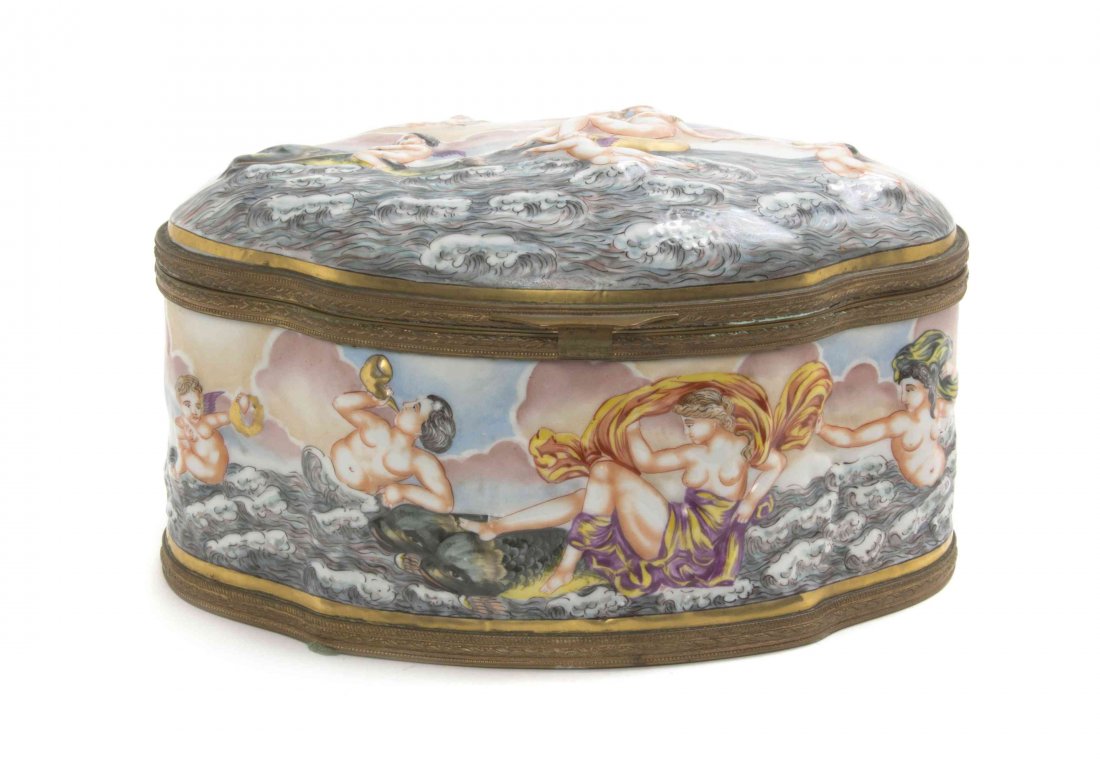 A Capodimonte Porcelain Table Casket, Width 8 3/8: A Capodimonte Porcelain Table Casket, the hinged lid depicting a nude upon waves with four putti, one astride a dolphin. Width 8 3/8 inches. Property from the Estate of a Prominent Midwest Collector
