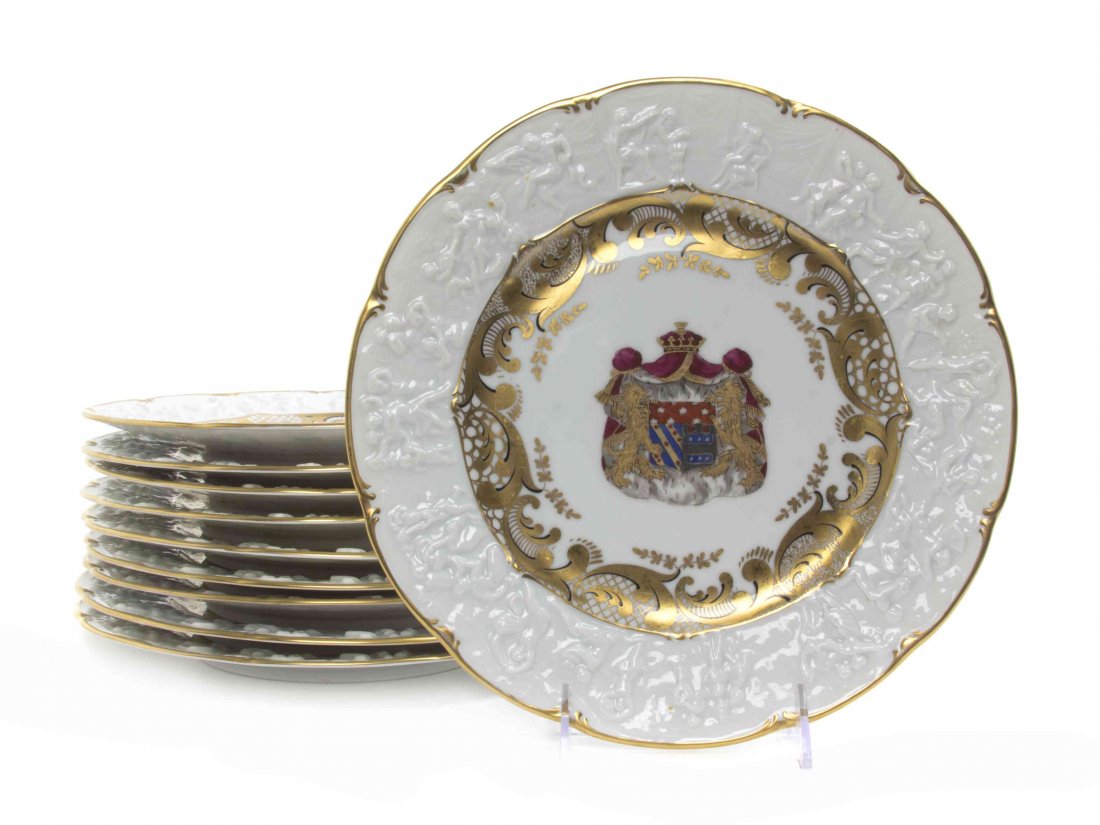 A Set of Ten Capodimonte Porcelain Plates, Diameter 10: A Set of Ten Capodimonte Porcelain Plates, each centered with a coat of arms. Diameter 10 7/8 inches. Property from the Estate of a Prominent Midwest Collector