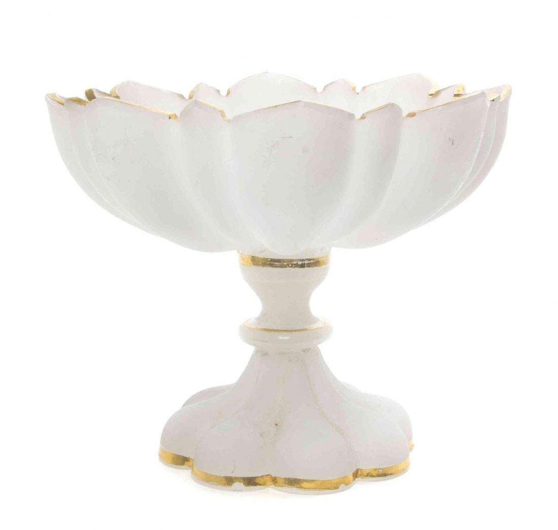 A Gilt Decorated Glass Compote, Height 5 1/4 x diameter: A Gilt Decorated Glass Compote, raised on a floriform foot. Height 5 1/4 x diameter 6 1/4 inches.