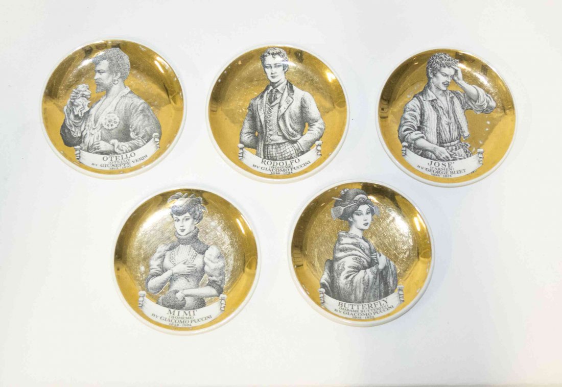 Five Porcelain Coasters, Fornasetti, Diameter 4 1/8: Five Porcelain Coasters, Fornasetti, each decorated with a character from an opera. Diameter 4 1/8 inches.